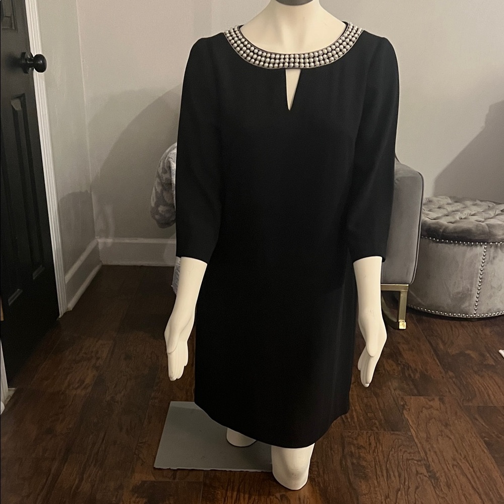 Tahari Black Dress with Embellished Neckline